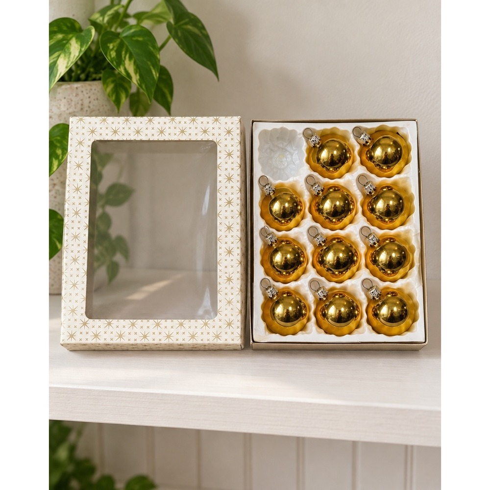 Vintage Hudson's Bay Gold Glass Christmas Ornaments Set 11 Boxed HBC Baubles
